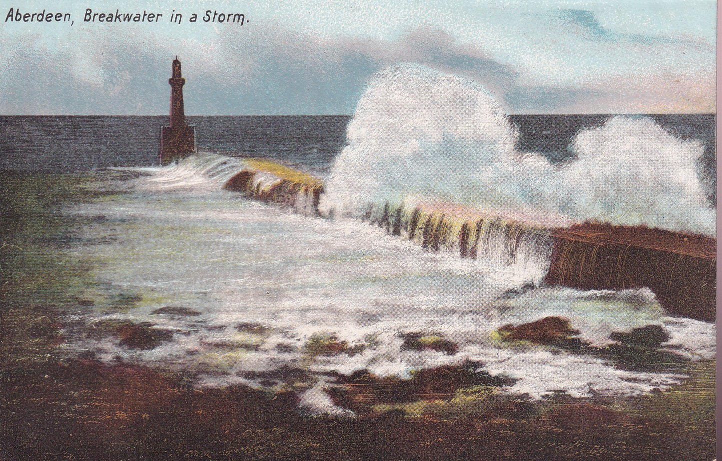Postcard - Breakwater in a Storm, Aberdeen, Aberdeenshire, Scotland - Printed - Unposted