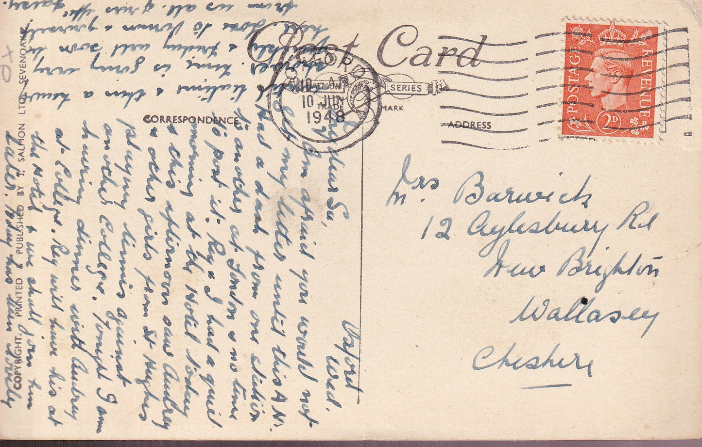 Postcard - The College Barges, Oxford, Oxfordshire, England - Printed - Posted
